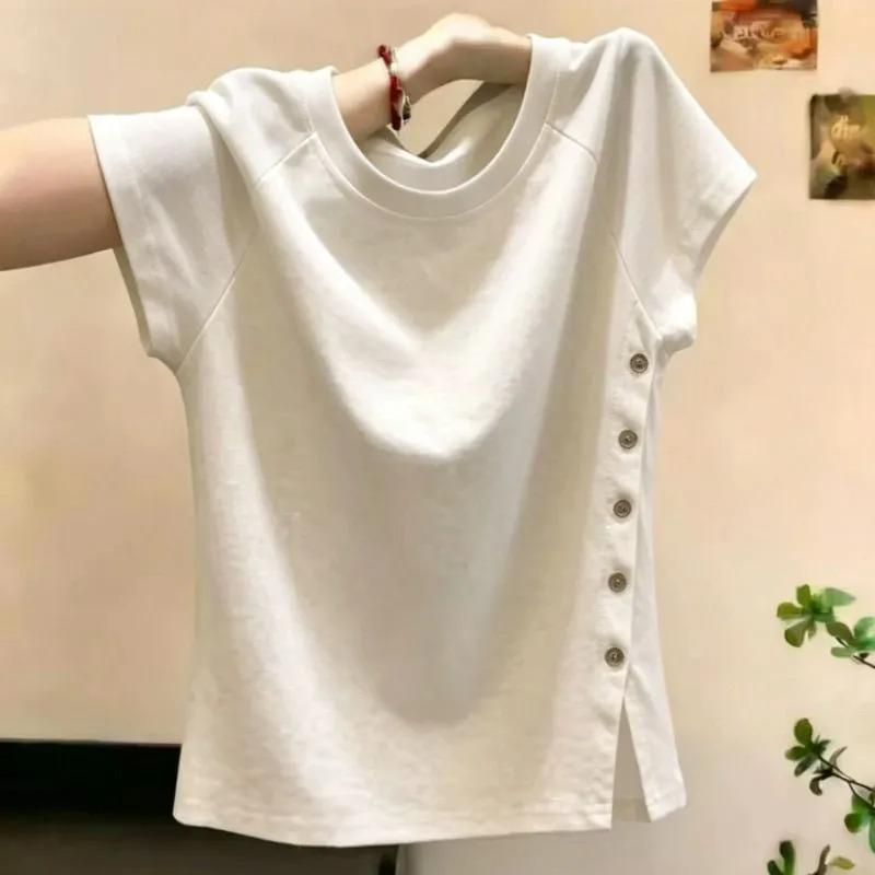 Women s White Crew Neck Draped Front Side Button Split Short Sleeve T Shirt M белый