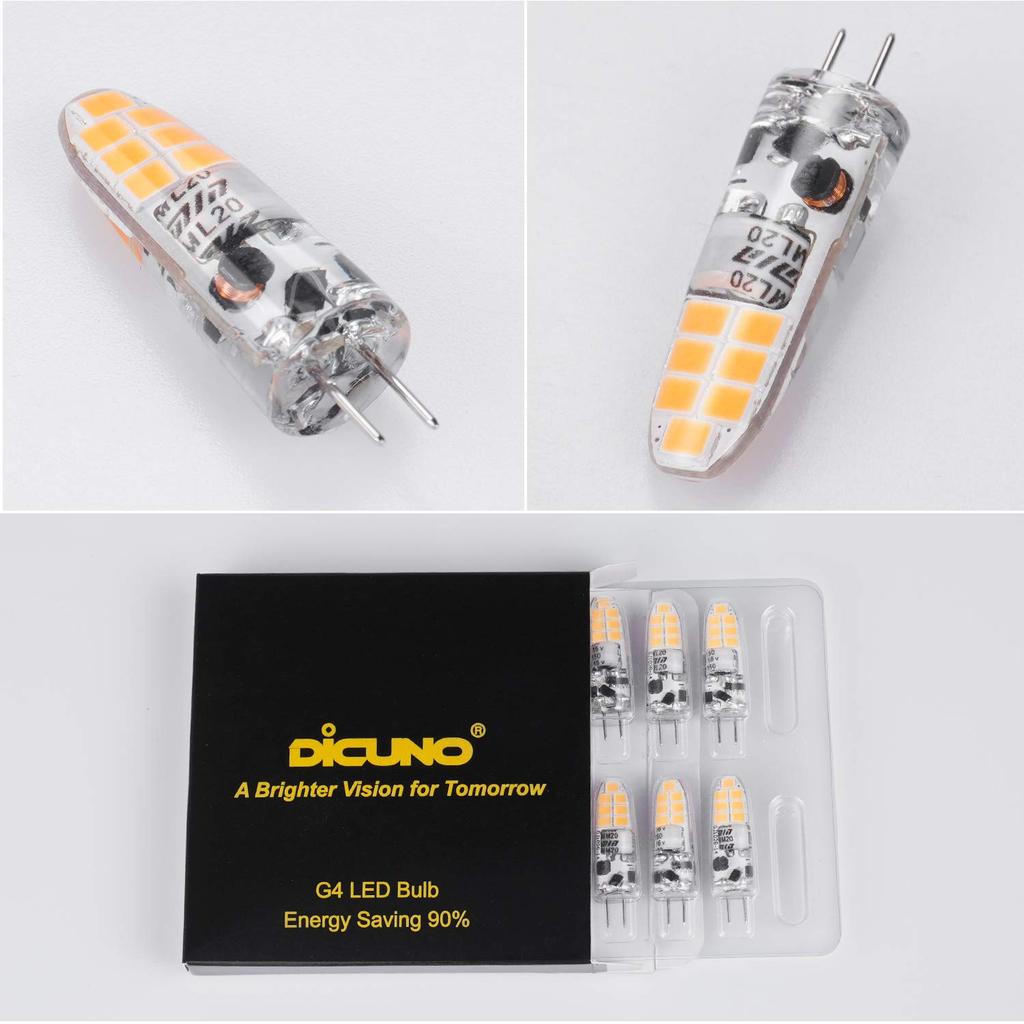 DiCUNO G4 Base 12V LED Bulbs, 2W, Equivalent To a 20W Halogen Bulb, 200lm, Warm White, 3000k, Non-Dimmable, Pack of 10