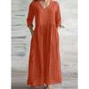 Neues Damen Freizeit V-Ausschnitt Halbarm Locker Langes Maxi Kleid Schlichter Stil Baumwolle Leinen Frühling Herbst Vestido Damenkleid
