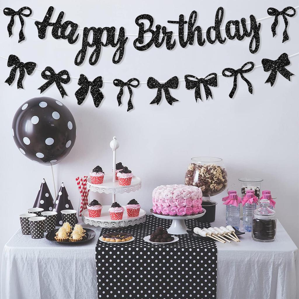 Black Bow Birthday Flag Banner Happy Birthday Party Decor Kids Adults Hanging Banner Photo Backdrop Wedding Baby Shower Supplies