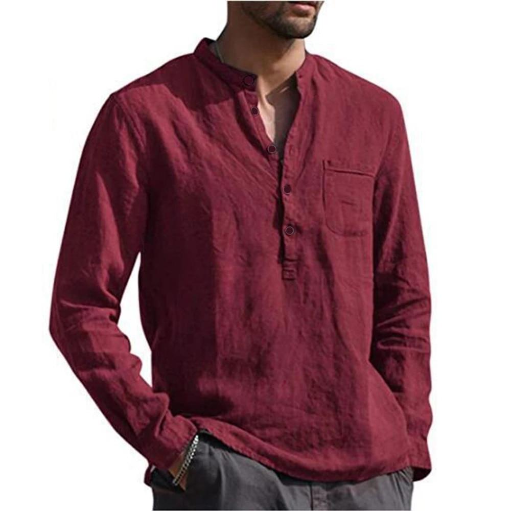 Camicie a maniche lunghe da uomo in cotone e lino, colletto alto, tinta unita estiva, stile casual da spiaggia, taglie forti