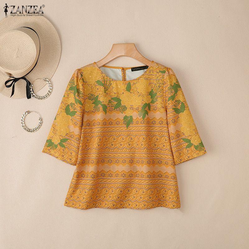 ZANZEA Women Casual Round Neck Half Sleeve Loose Print Blouse