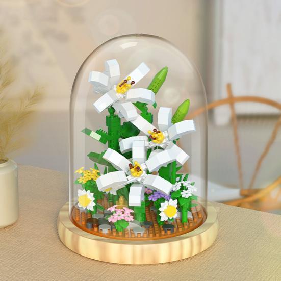 Artificial Flower Building Block Ornament Forever Rose Decorated Flower with Dust Cover Bouquet Building Valentine's Day Gift