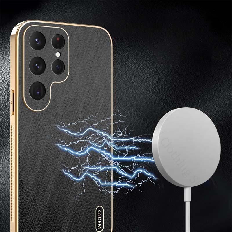 For Samsung S25 Ultra 5G Gold Silk Texture Leather Phone Case For Galaxy S24 FE S23 Ultra S22 Plus 6D Plating Bumper Back Cover