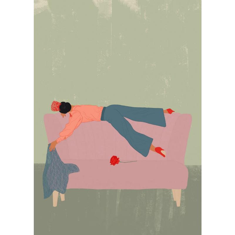 Abstrakte Kunst Frau Stimmung Sofa Dschungel Pyjamas Poster Leinwandmalerei Lustig Alltag Wandkunst Bild Wohnzimmer Heimdekoration