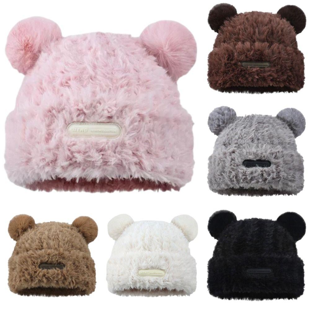 Korean Style Fluffy Beanie Hat Soft Plush Pullover Hats Ski Caps Bear Plush Hat  Autumn and Winter