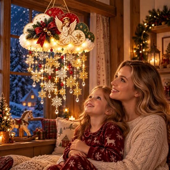 Christmas Party Supplies Vintage Lighted Snowfall Cloud, Cascading Snowflake Light with Reindeer/Angel, Winter Hanging Decor LED Holiday Lantern
