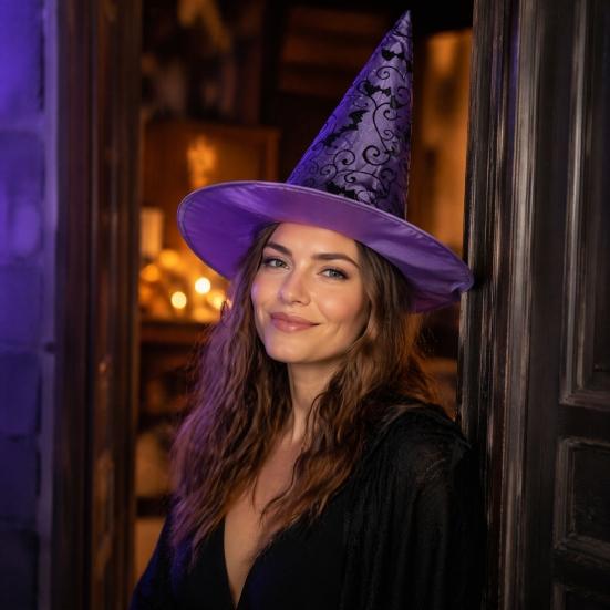 Holiday Event Decorations Witch Hat, Bat Spider Web Print Wizard Hat Cosplay Party Headwear for Costume, Halloween Supplies, Stage Performance Costume