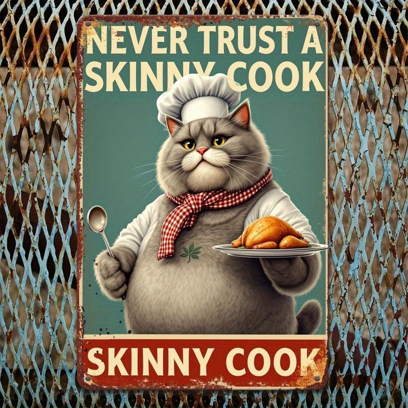 Vintage-Style Tin Sign "Never Trust a Slimy Chef" Rustic Metal Wall Art with Chef Cat Illustration, Metal Wall Art Decor