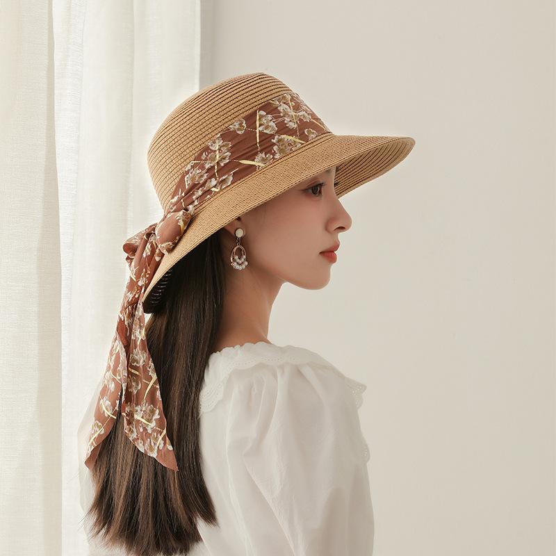 Pălărie de soare pliabilă cu bor larg pentru femei - Decor elegant cu panglică și fundă, pălărie de plajă din paie în stil francez