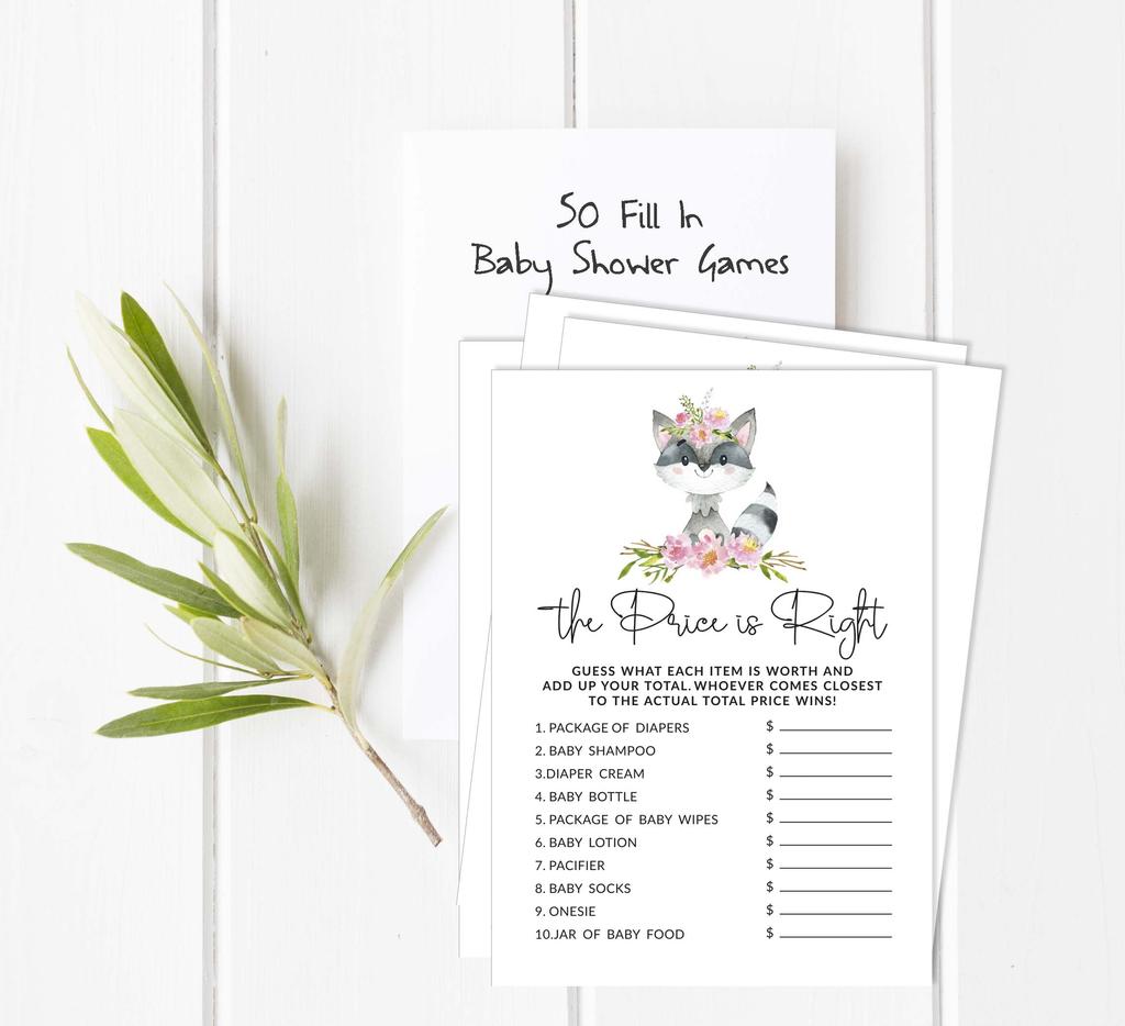 Inkdotpot Floral Raccoon Baby Shower Game Set Of 50 BabyA  AlphabetA  ABCA  Game Gender Neutral Party
