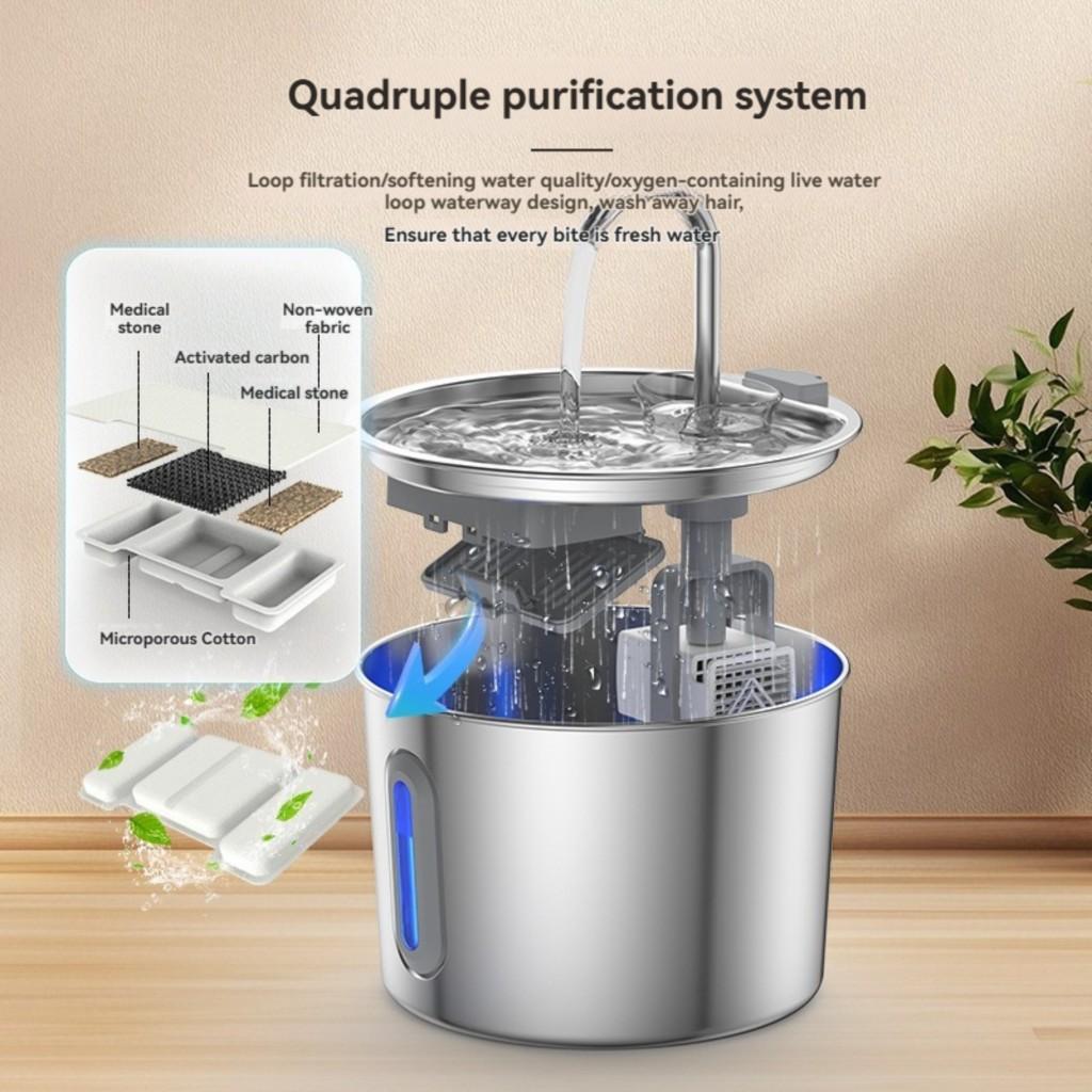 USB Port Without Plug Pet Water Dispenser Round Large Capacity 304 All Stainless Steel Intelligent Automatic Running Water Dog Cat Water Feeder
