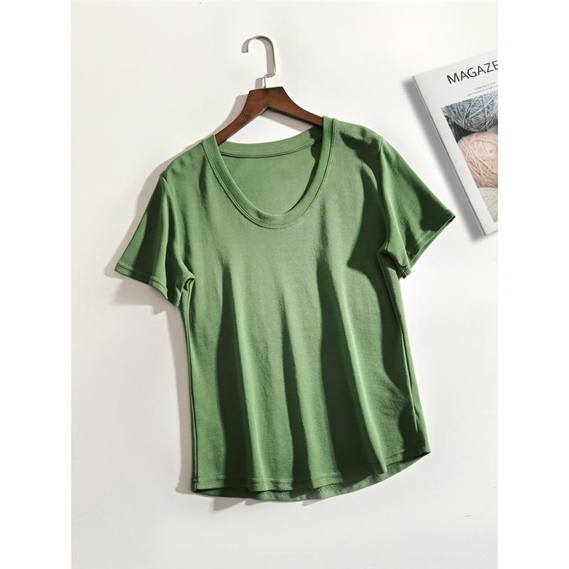 

Женская зеленая однотонная футболка с коротким рукавом - Лето 2024 Маленький стиль Medium