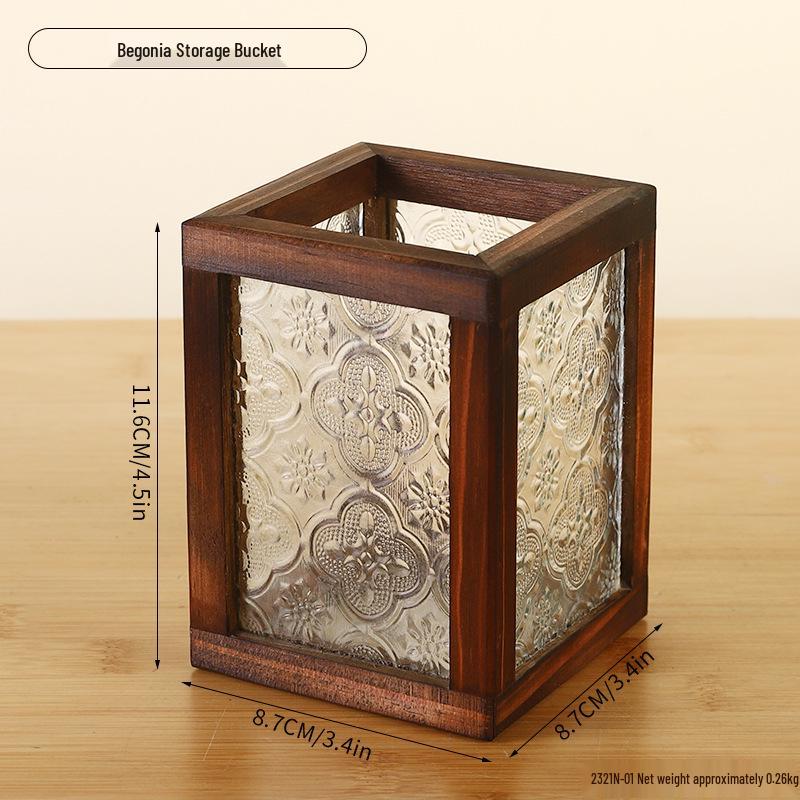 Retro Begonia Glass Lid Wooden Storage Box for Sundries, Dried Fruits, Cosmetics, and Documents