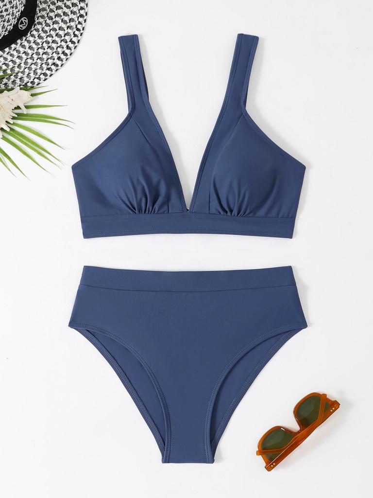 Damen High-Waist Bikini Zweiteiler Unifarben