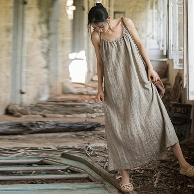 Robe vintage à bretelles spaghetti en coton ramie pour femme, tenue d'été sans manches, couleur unie