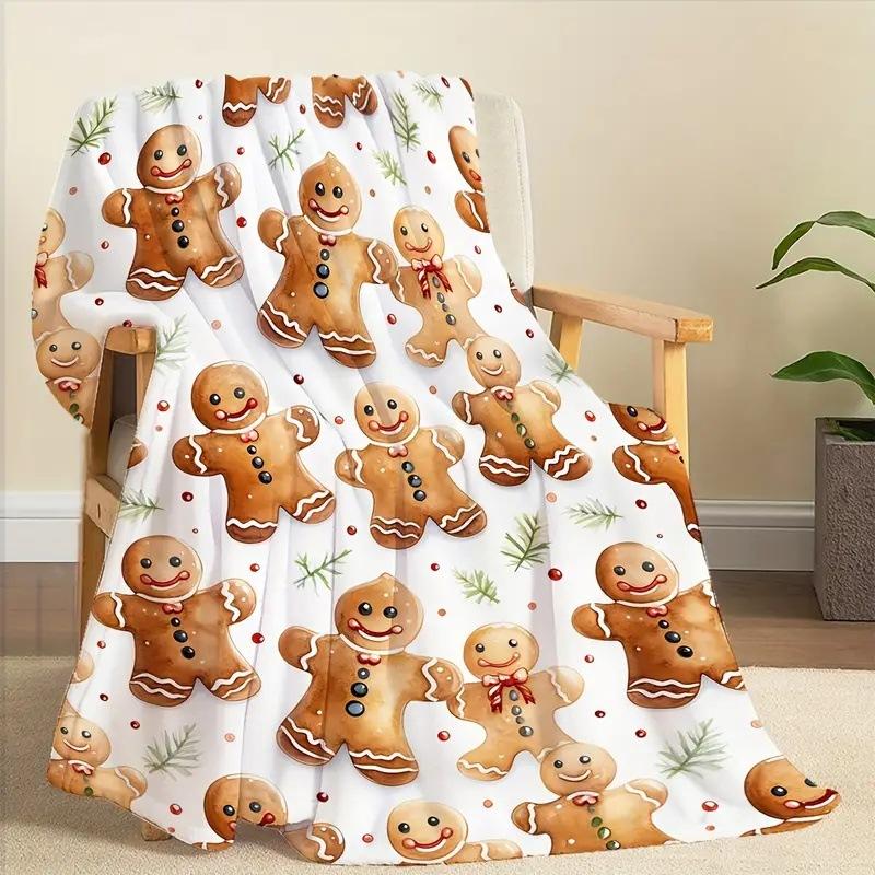Christmas Gingerbread Man Digital-printed Polyester Bedroom Velvet Flannel Cover Blanket Fleece Soft Cover Blankets for Beds