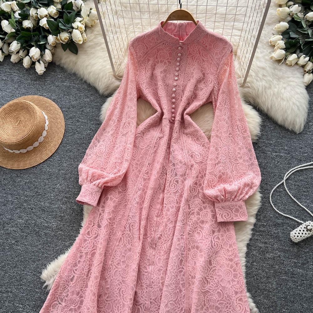 French Court Style Dress Women's Autumn High-end Single-breasted Waist and Thin Temperament Lace Long Dresses