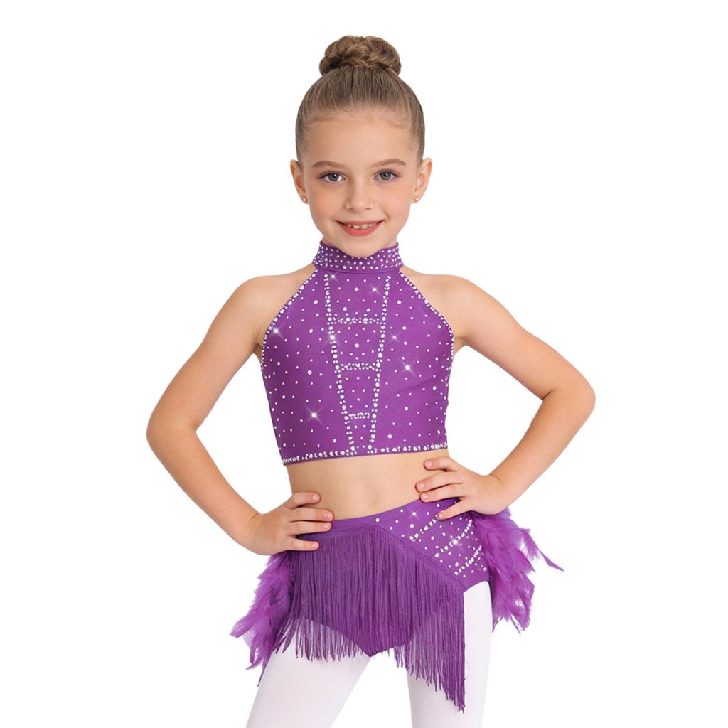 Trblietavý tanečný kostým s perami a strapcami pre deti, dievčatá: Crop top s halter krkom a prekríženým chrbtom a elastickou sukňou pre javiskové vystúpenie