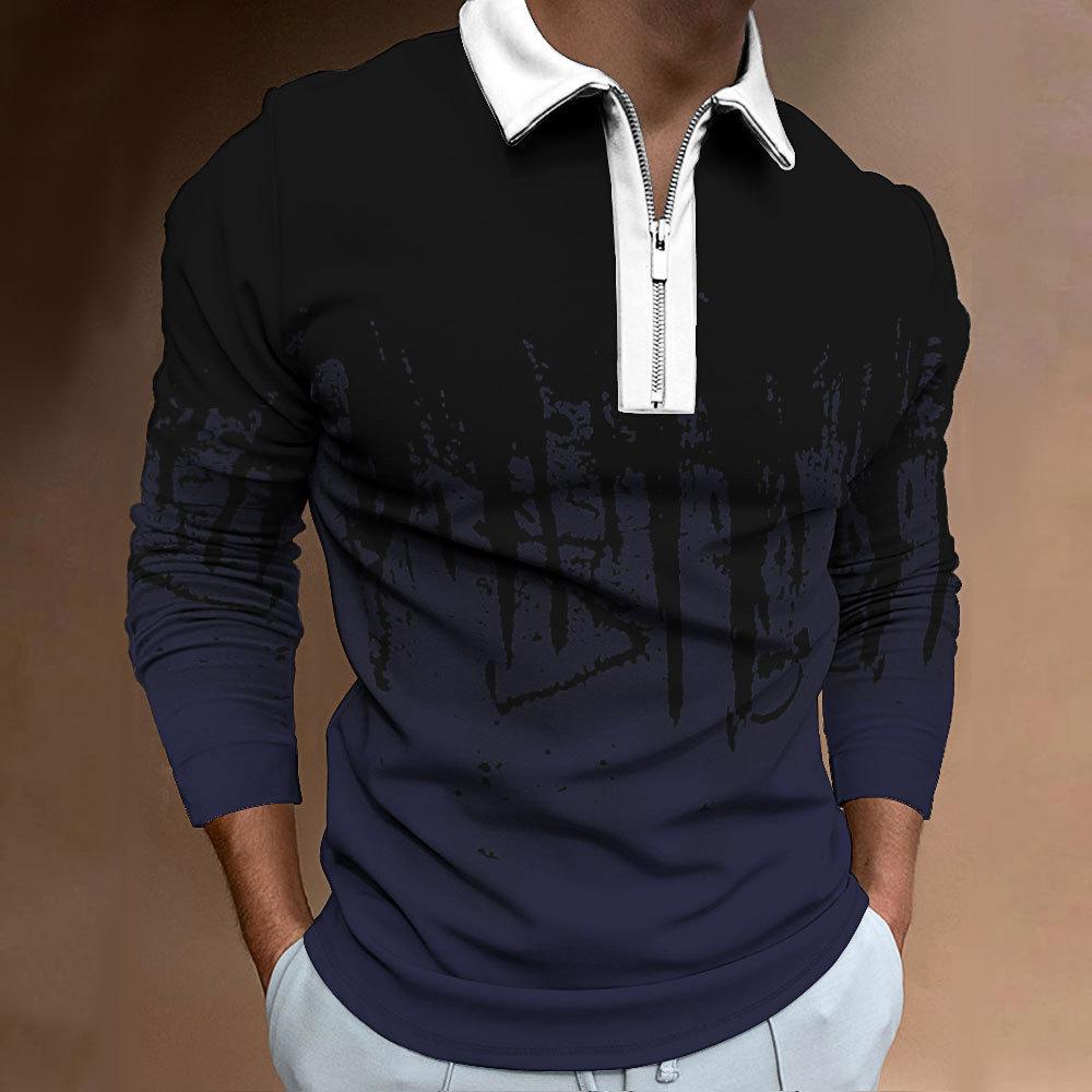 Men's Sweatshirt Zip Casual Slim Men's Stripe Digital Print Long Sleeve Polo Top