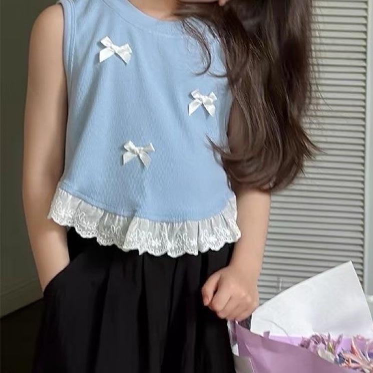 Girls' Summer Vest Baby's Trendy Korean Sweet Lace Bow Sleeveless Top