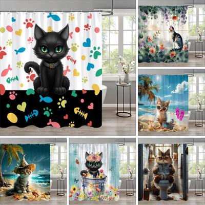 Lustige Katze Kinder-Duschvorhang Bunte Cartoon-Muster Kinderzimmer-Vorhänge Badezimmer-Deko-Accessoires Mit Haken