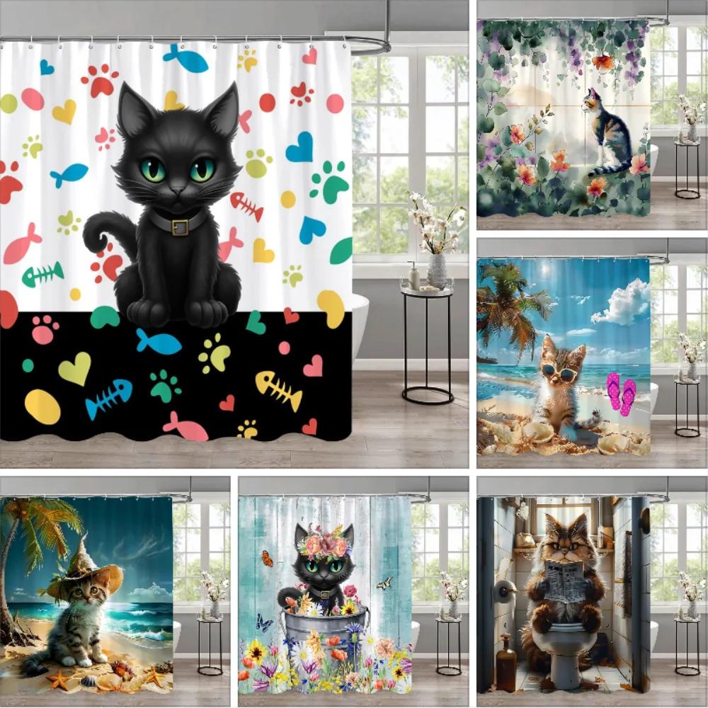 Funny Cat Children'S Shower Curtain Colourful Cartoon Patterns Children'S Room Curtains Bathroom Decor Accessories With Hooks