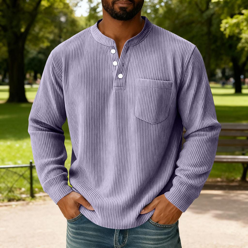 Men's Solid Color Corduroy Three-button Collar Men's Long-sleeved Shirt
