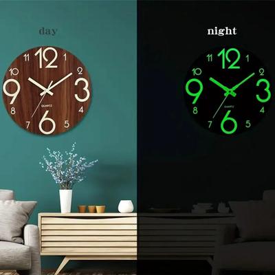 Stille 12-Zoll Leuchtende Wanduhr Holzmaserung Mode Digitale Uhr Batteriebetrieben Tickenfreie Quarz-Wanduhr Büro
