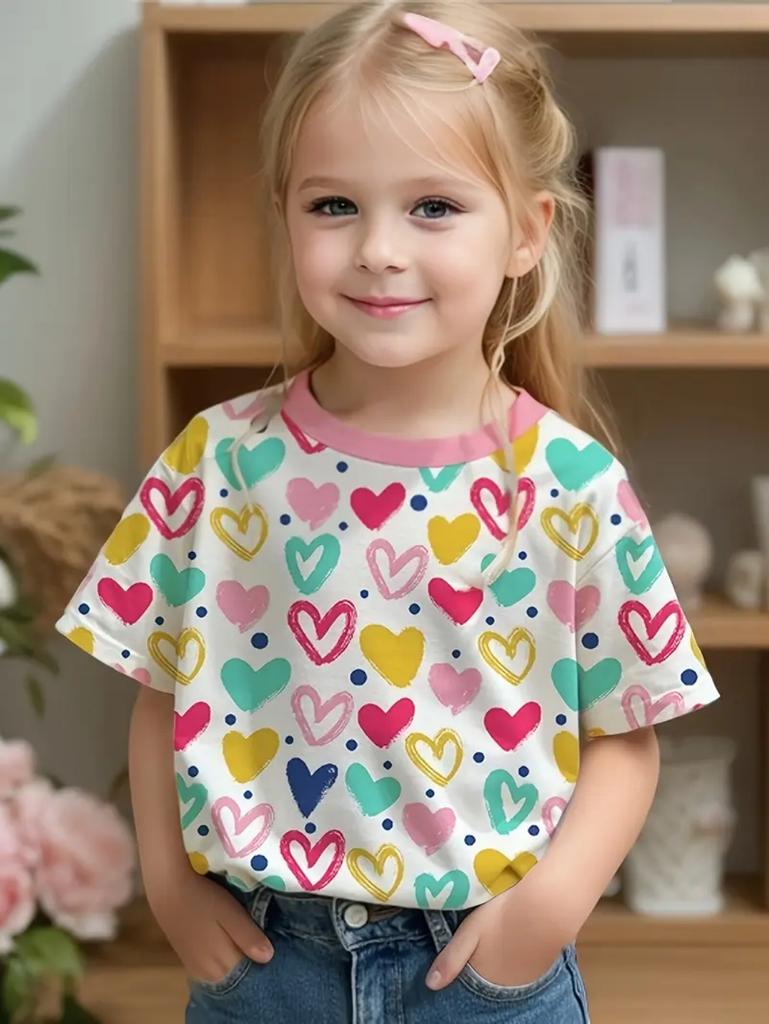 T-shirt Fille Mignon Motif Nœud d'Amour Manches Courtes pour Enfants T-shirts Graphiques Vêtements Y2k Mode Filles Pull Hauts d'Été