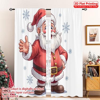 2pcs 2D Flat Printing Christmas Party Curtain Santa Waving Through Snow Polyester Without Electricity Family Party Use for