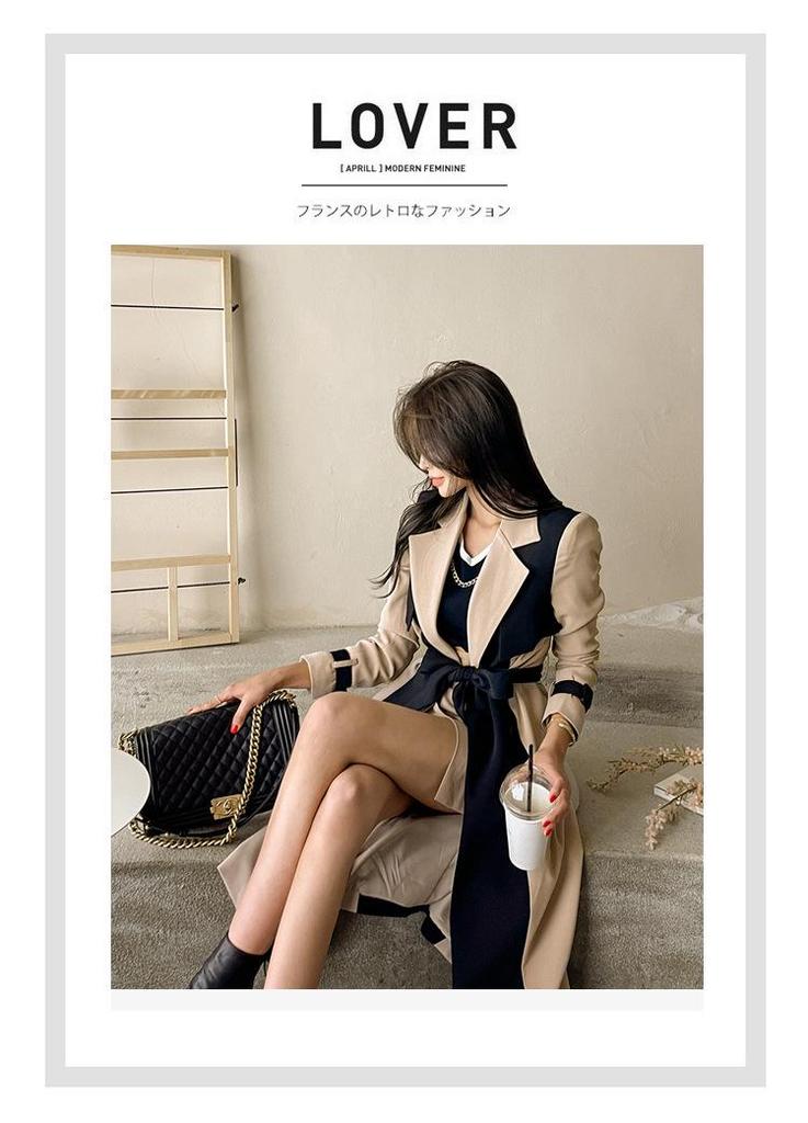 2026 British-Style Women's Windbreaker: Korean Suit Collar, Color-Block Belted Jacket