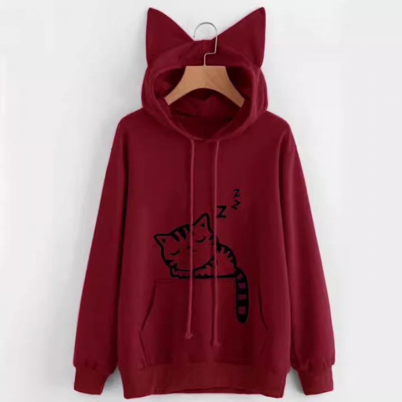 Women's Cat Print Fleece Hoodie - Spring/Autumn Collection