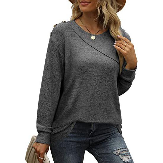 Women Plus Size Pullover Double Layer Round Neck Button Long Sleeve Sweatshirt  Loose Casual Solid T-shirt