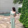 Temperament Resort Green Design Slanted Shoulder Kink Dress Female Lace Stitching Sexy Long Skirt