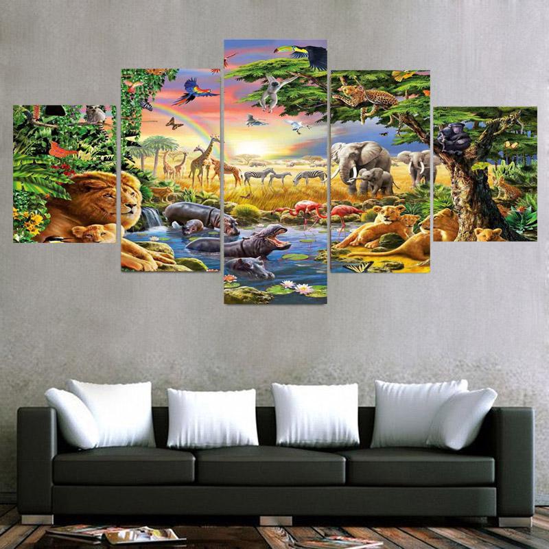 5Panels Tropical Jungle Plant and Animal Landscape Canvas Painting Posters and Prints Wall Art Home Decor for Kids Room No Frame