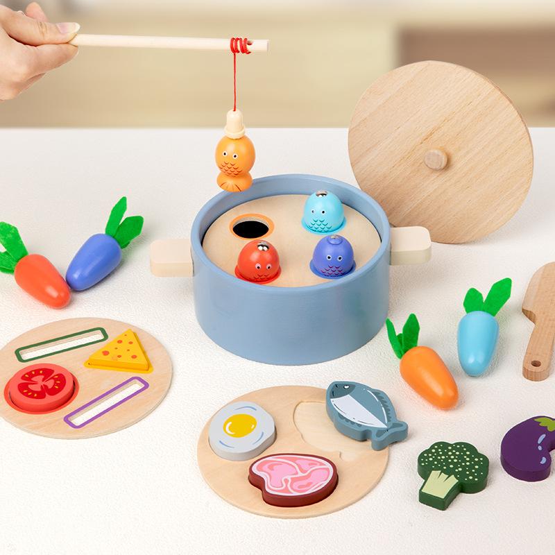 Wooden Children's Radish Pull Table Game Shape Pairing Checker Simulation Kitchen Pot Play House Toy