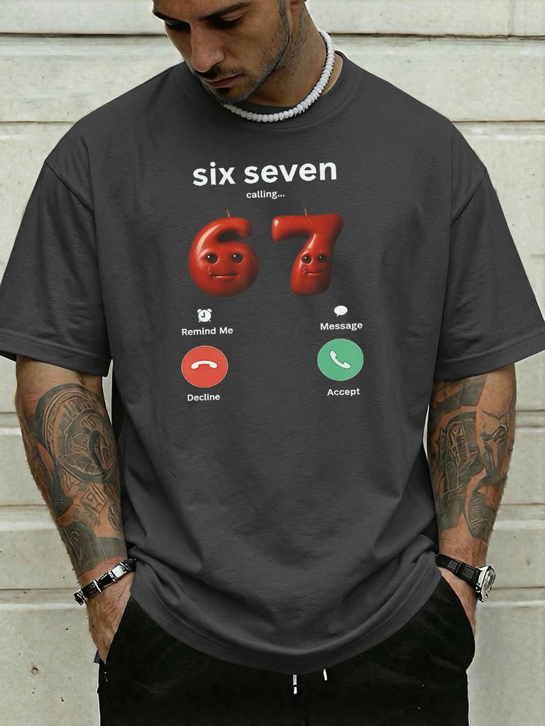 Funny Incoming Call Six Seven Cartoon Red Number Graphic Print Unisexs Crew Neck Short Sleeve Tee Casual Daily Soft Basic Wear Top