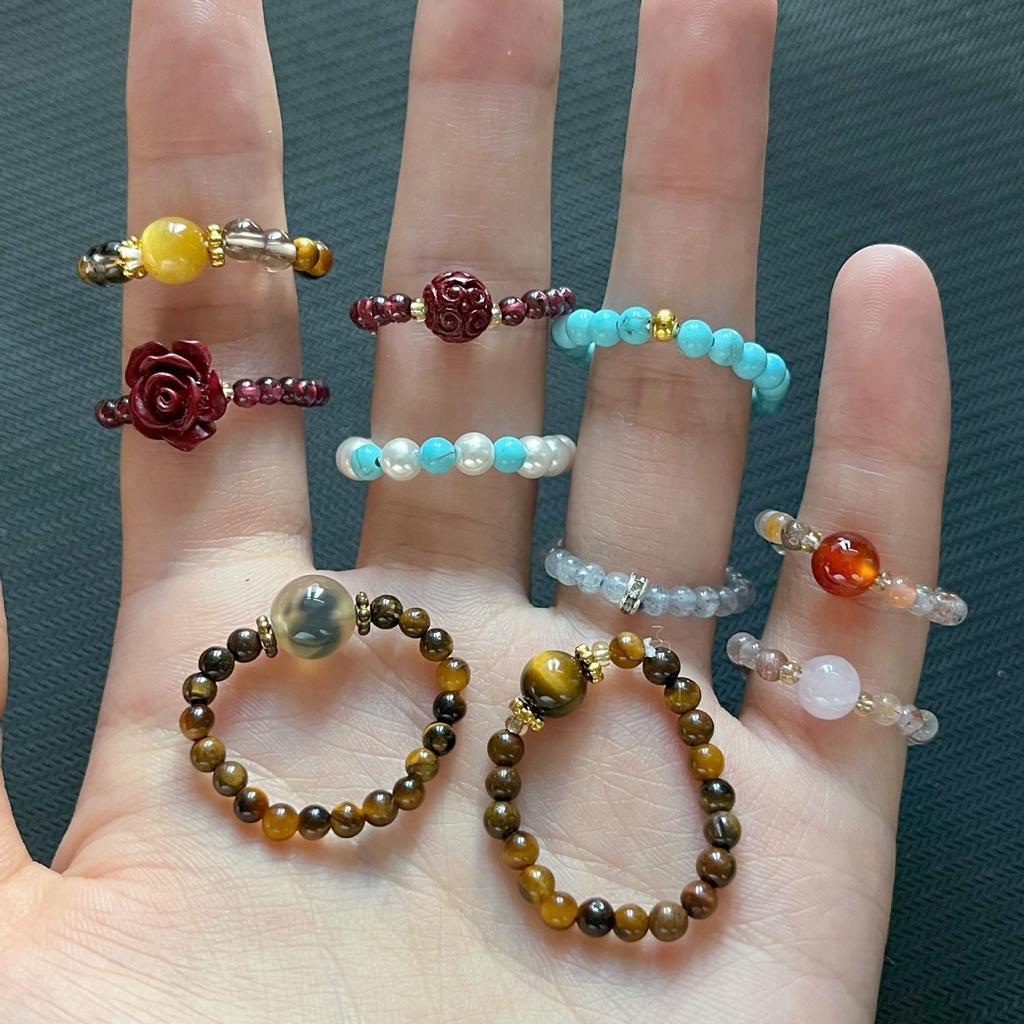 Natural Stone Beaded Elastic Ring for Men & Women - Retro Chinese Style, Versatile Fashion