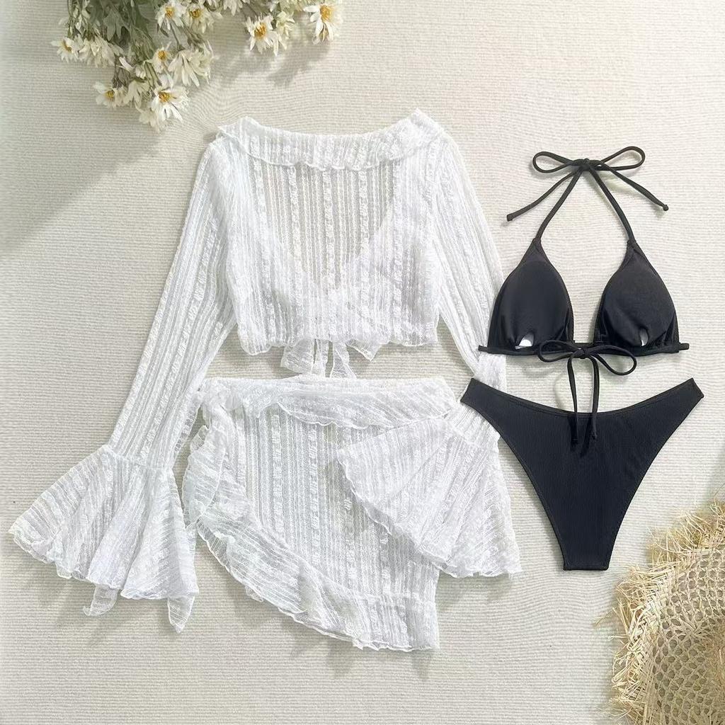 Sexy Women Thong Solid Color Bikini Set Side Halter Tie Swimsuit Ladies Split Strap Adjustable Brazilian Swimwear Beachwear Four-piece Bikini Swimsuit