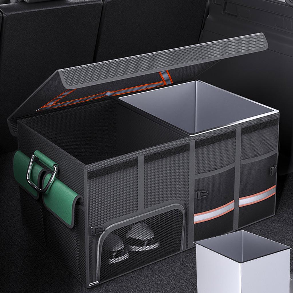 Car Trunk Organizer with Lid Shoes Compartment Reflective Belt Collapsible Waterproof Auto Organizer Multi Compartments