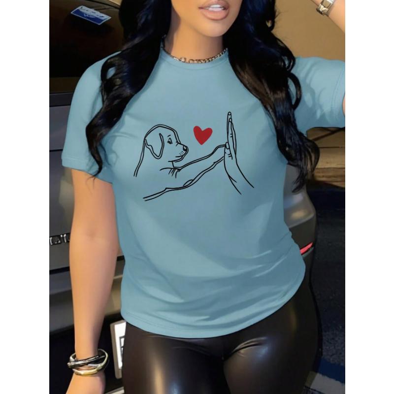 Women's Casual Round Neck Short Sleeve T-Shirt With Dog And Heart Print Pattern
