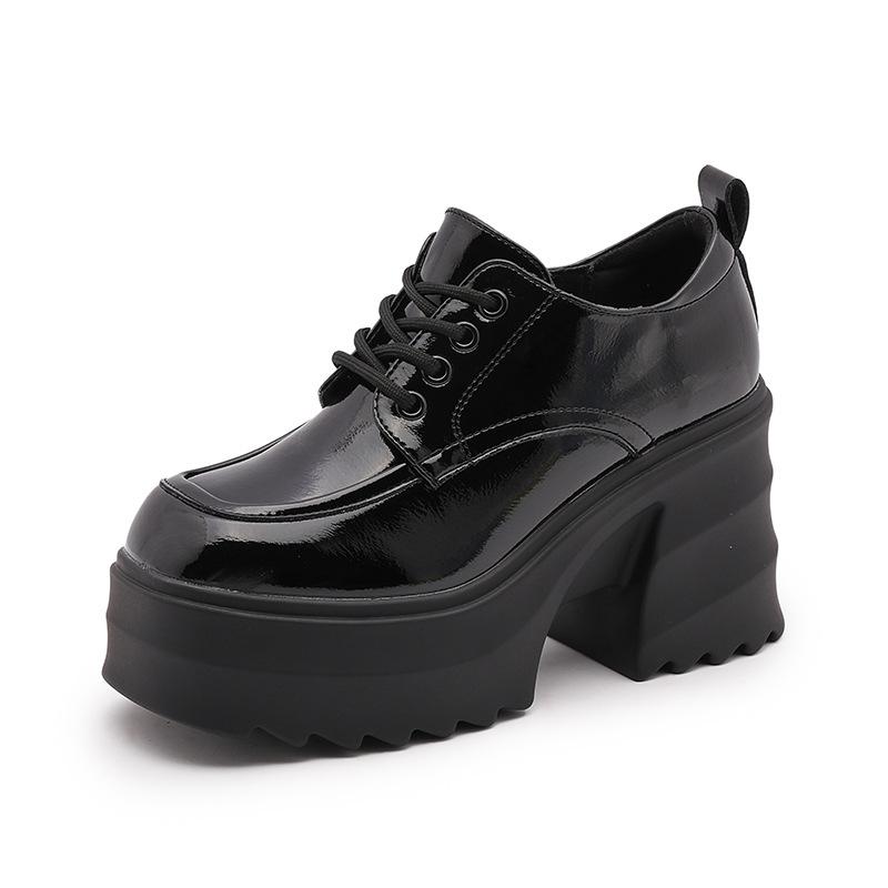 женские лоферы на платформе год европейская станция весна новые универсальные с квадратным носком увеличивающие рост одинарные туфли женская шнуровка кожаная обувь 33 чёрный 5980₽