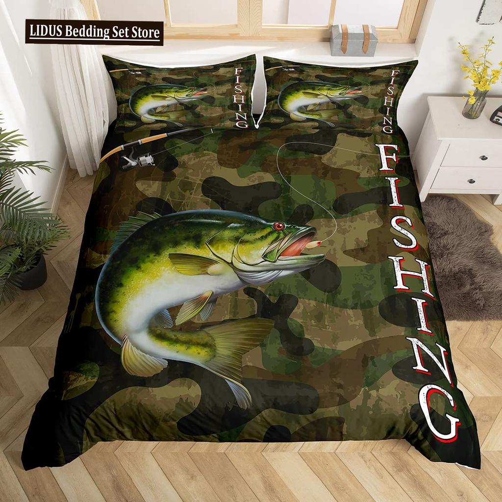 Pike Fish Bedding Striped Bass Big Pattern Hunting And Fishing Themed Duvet Cover For Kids Boys BedRoom Decorations For Teens