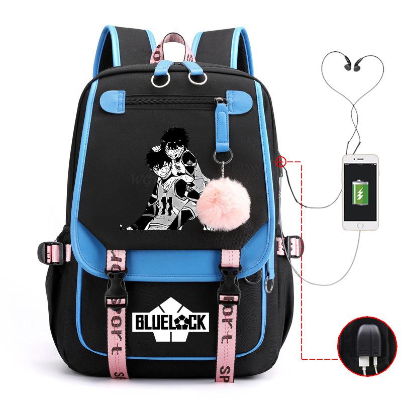Blaues Gefängnis Anime Schultasche College Stil Große Kapazität Mittelschüler USB Rucksack