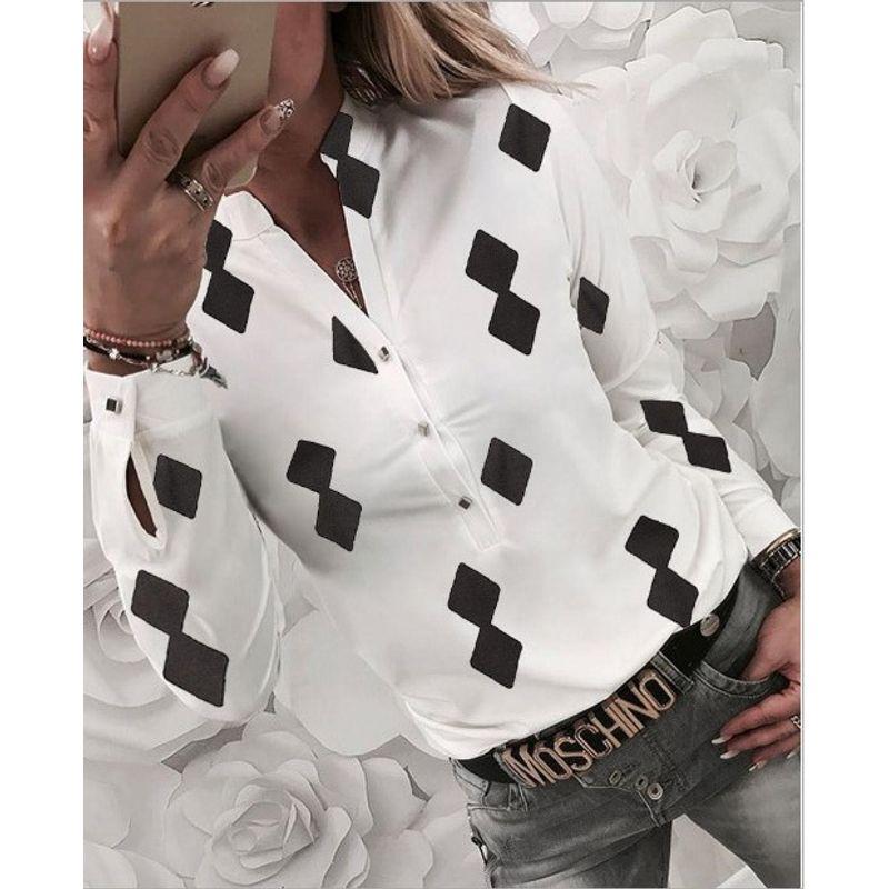 

Женская рубашка с V-образным вырезом и длинным рукавом с принтомv Воротник Длинный рукав Рубашки с принтом Женщины Square White 6XL