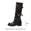 ~ Belt Buckle Square Round Head Pleated Medium Tube Knight, Autumn and Winter Pleated Stacked Pants Tube Women's Boots