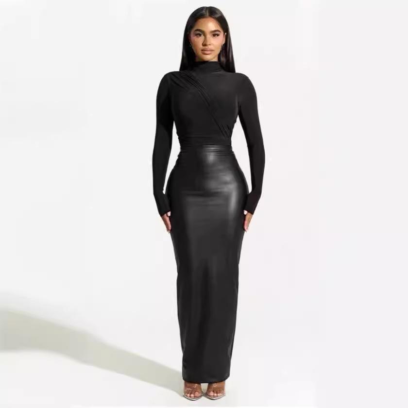 M Damen langer Rock PU-Rock, Herbst und Winter Neu Schwarz Hüftumschlag und dünnes Reißverschluss-Design