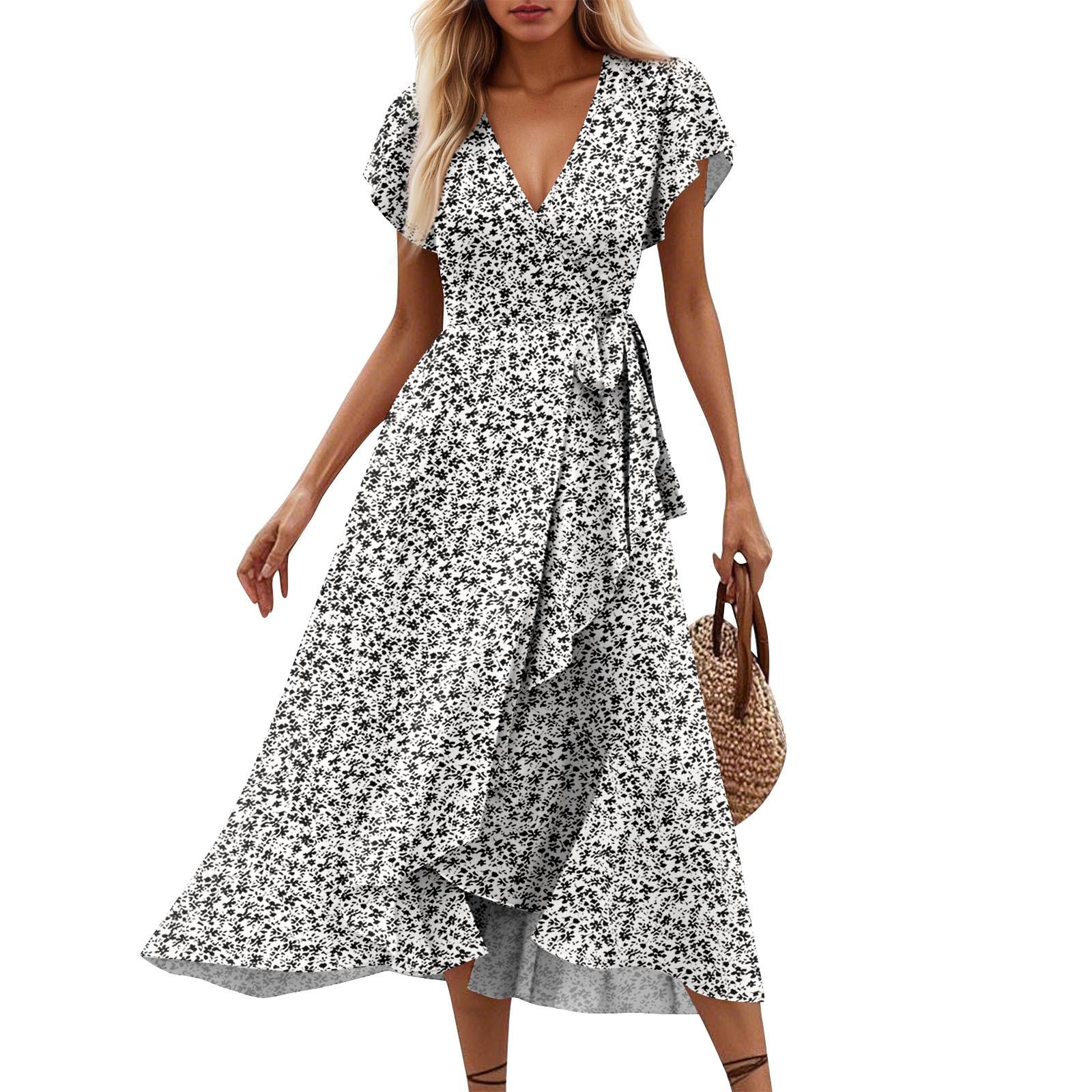 

Женские платья с v-образным вырезом и цветочным принтом на талии и короткими рукавами S чёрный