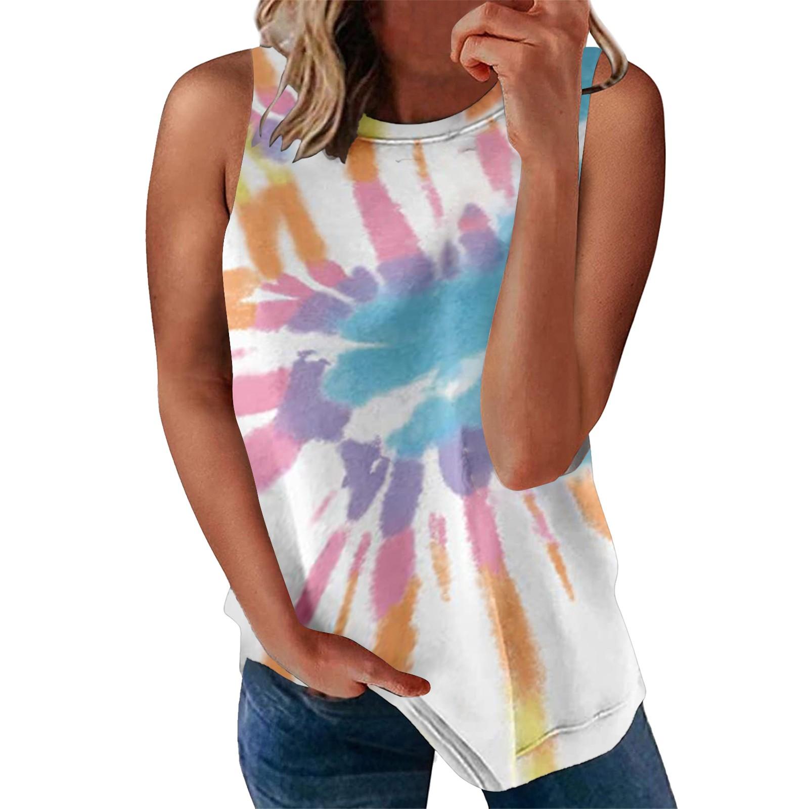 Women Sleeveless Pullover Tank Top Tie Dye Pattern Round Neck Casual Slim Fit Summer Vest XXL синий